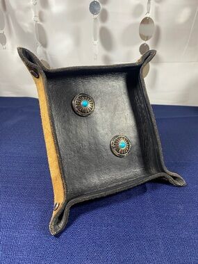 Leather Valet Tray with Turquoise Accent - Black & Tan